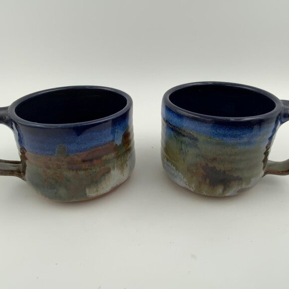 Pair of Handmade Signed and Dated Studio Art Pottery Drip Glaze Mugs